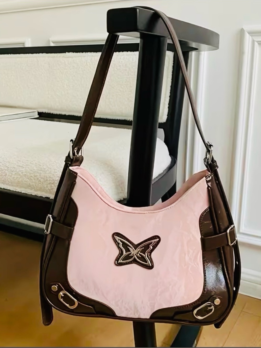 New -Chic -Two-Tone Butterfly Design Moto Shoulder Bag /HandBag - Pink/Brown